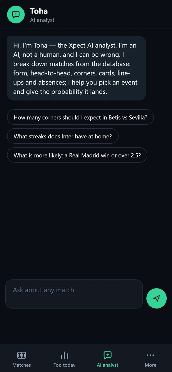 Toha, the Xpect AI analyst, answering questions about football matches