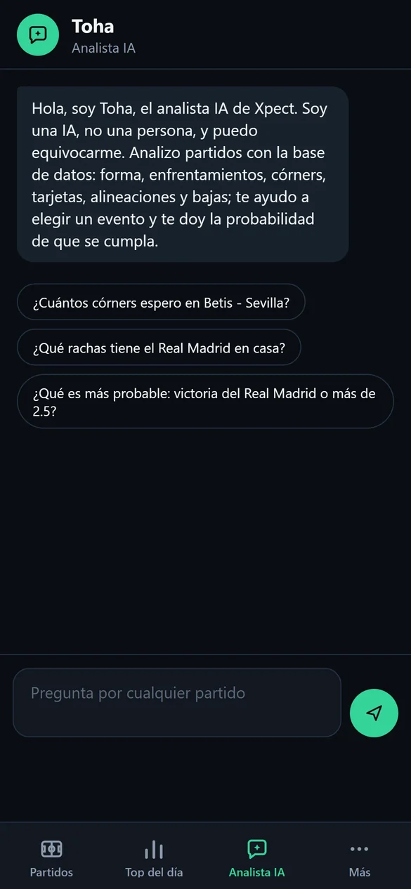 Toha, el analista IA de Xpect, respondiendo preguntas sobre partidos de fútbol