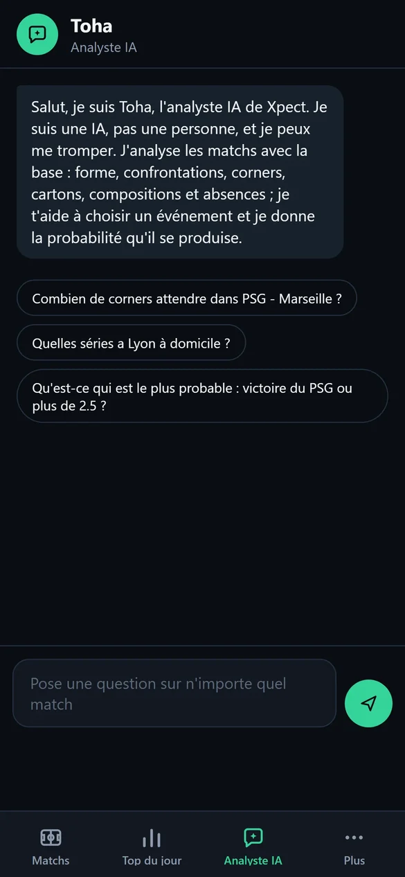 Toha, l'analyste IA de Xpect, répond aux questions sur les matchs de foot