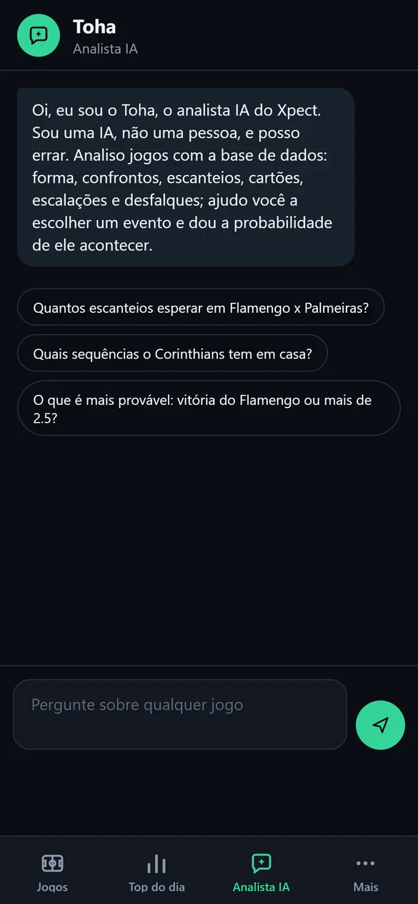 Toha, o analista IA do Xpect, respondendo perguntas sobre jogos de futebol